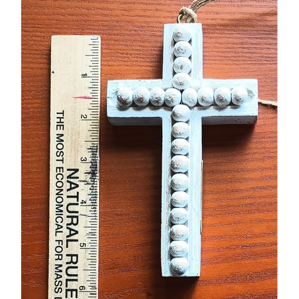 Wood Bead Cross Wall Hanging 5.75" Peace Plaque Brass Accent Religious Decor